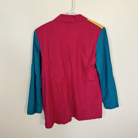 Ali Miles Womens Colorblock Floral Blazer Jacket Medium Linen Blend 1990s Pink - Picture 4 of 11